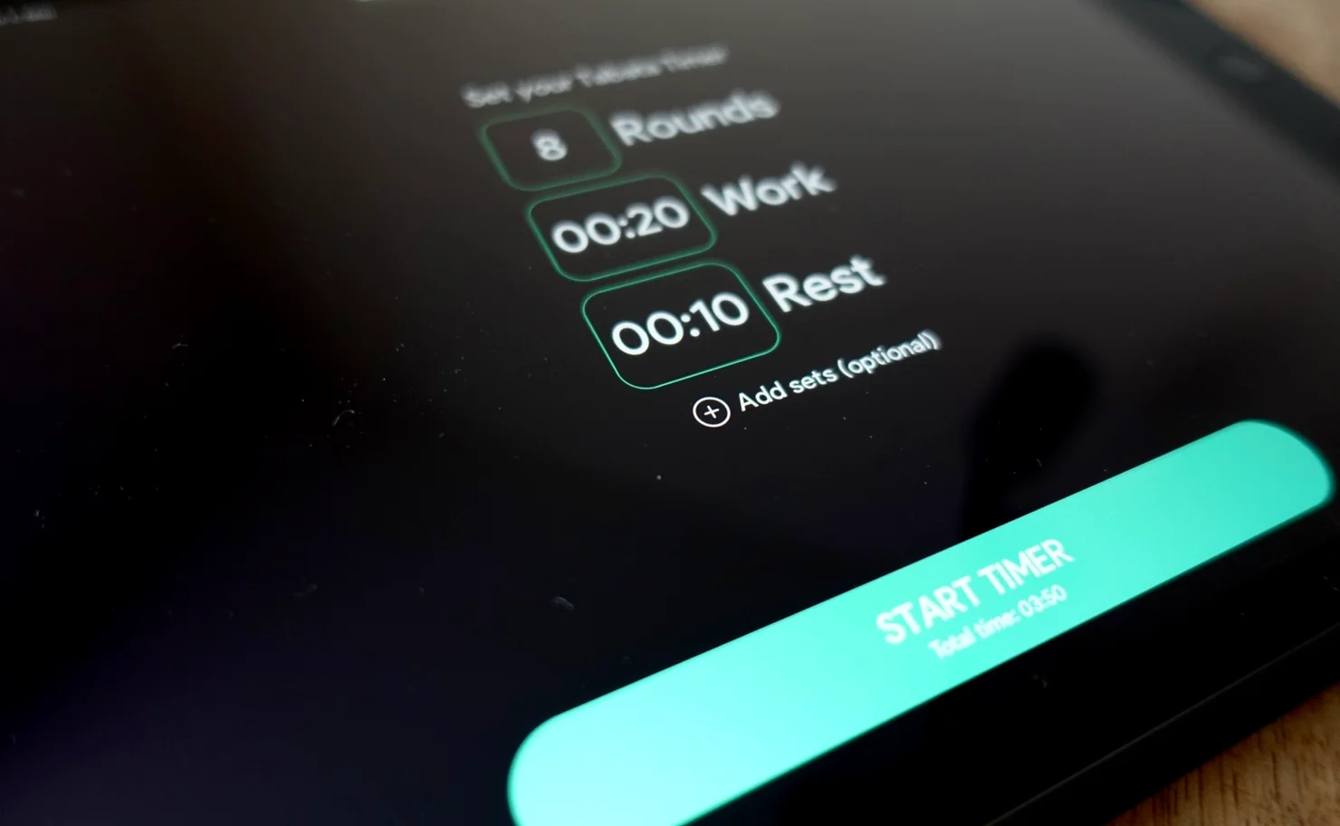 Nahaufnahme das Tabata-Timers in der SmartWOD Timer App