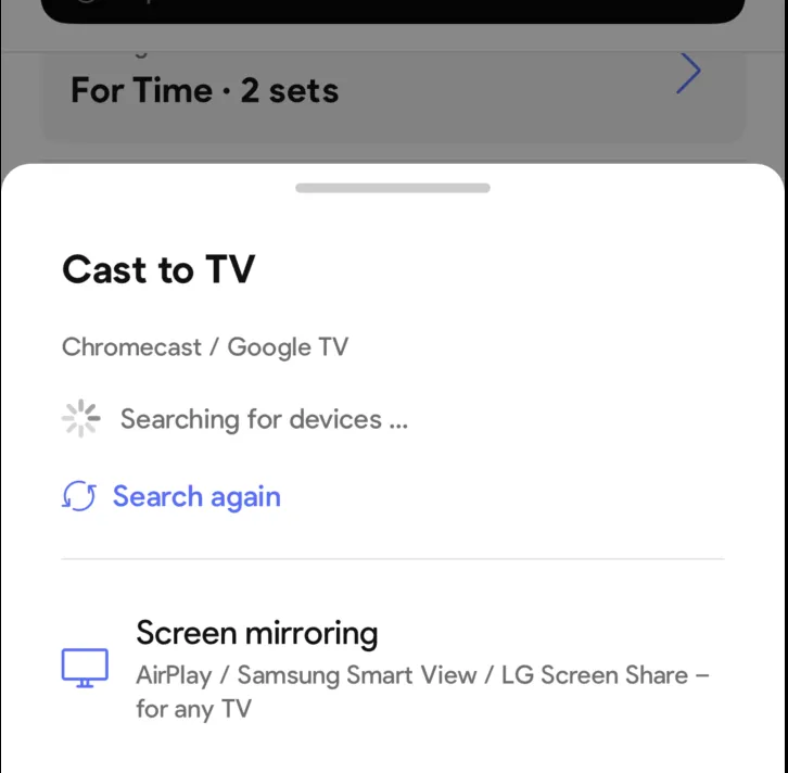 Cast-to-TV-Dialog im SmartWOD Timer mit Chromecast-Gerätesuche und Screen-Mirroring-Option