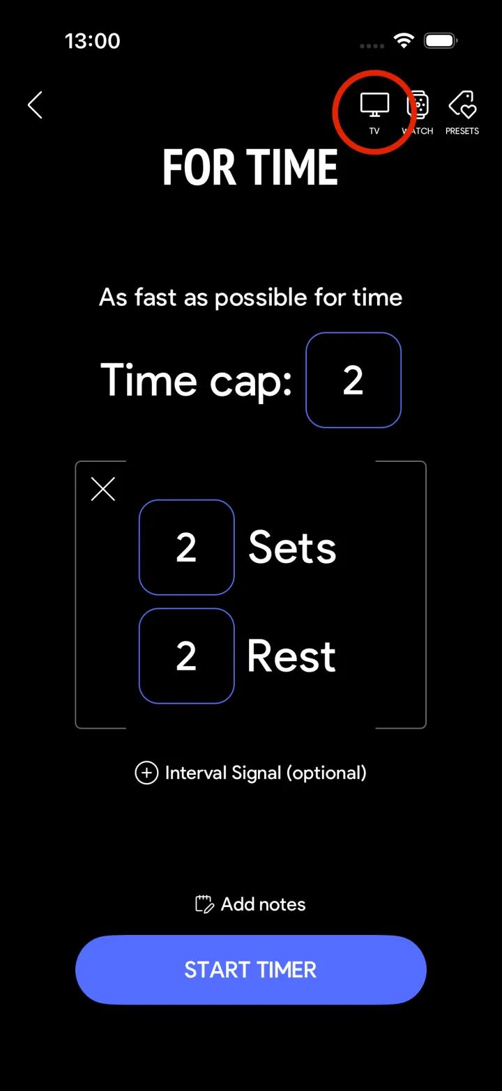 SmartWOD Timer FOR-TIME-Einstellungen mit markiertem TV-Cast-Symbol oben rechts