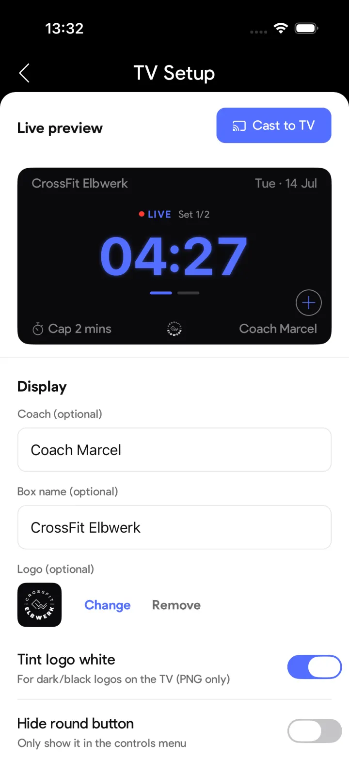 SmartWOD TV-Setup mit Feldern für Box-Name, Coach-Name und Logo-Upload