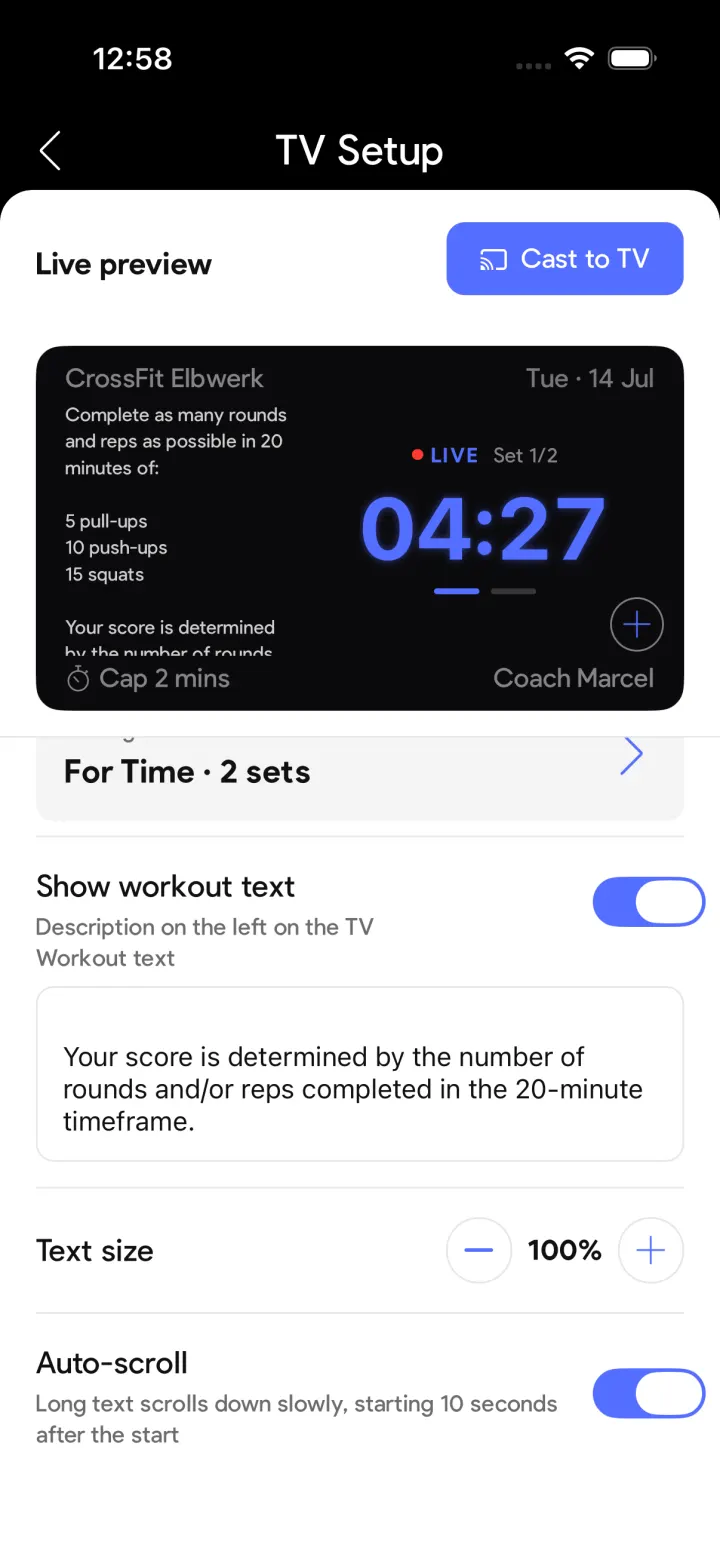 SmartWOD TV-Setup mit Live-TV-Vorschau, Workout-Text-Feld sowie Einstellungen für Textgröße und Auto-Scroll