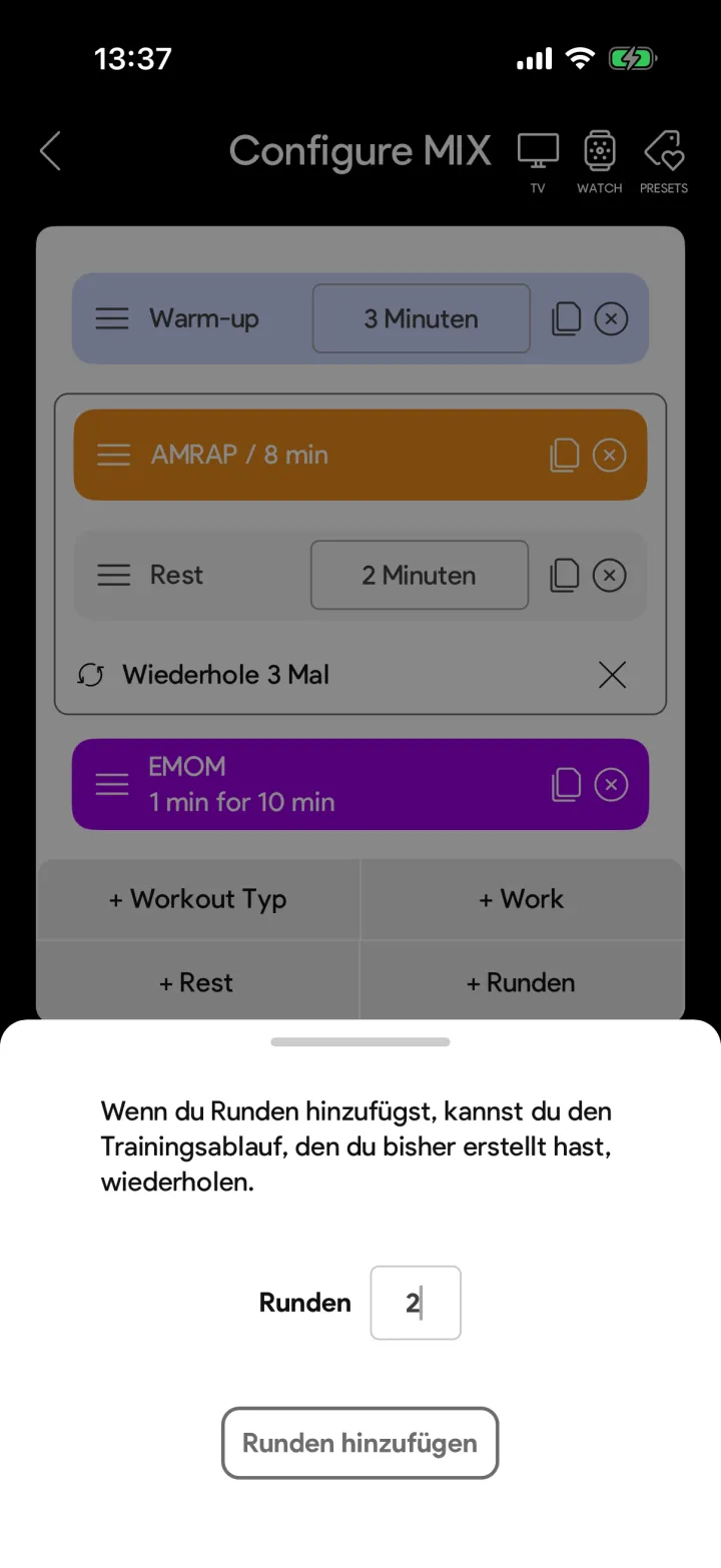 Runden-Dialog im SmartWOD MIX-Timer mit Eingabefeld für die Rundenzahl