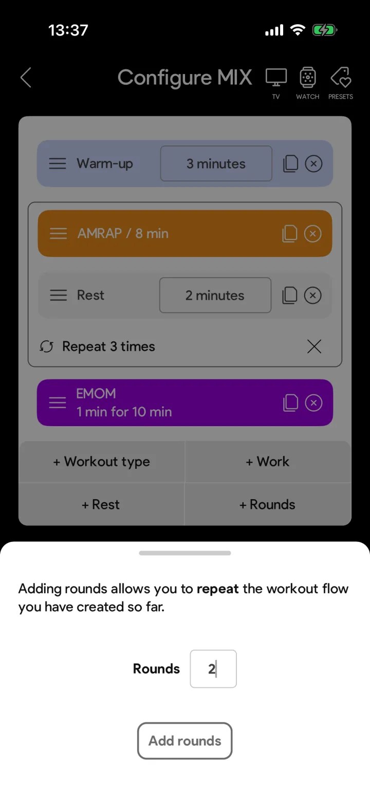 Add rounds dialog in the SmartWOD MIX timer with a rounds input field