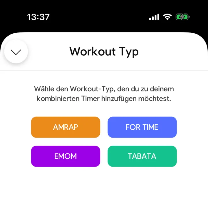 Auswahl des Workout-Typs im SmartWOD MIX-Timer mit AMRAP, FOR TIME, EMOM und TABATA