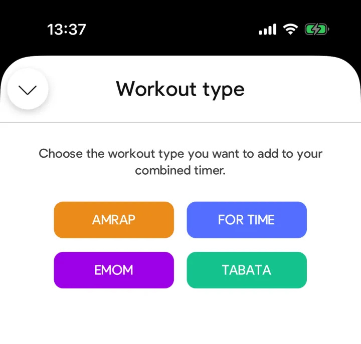Workout type selection in the SmartWOD MIX timer with AMRAP, FOR TIME, EMOM and TABATA buttons