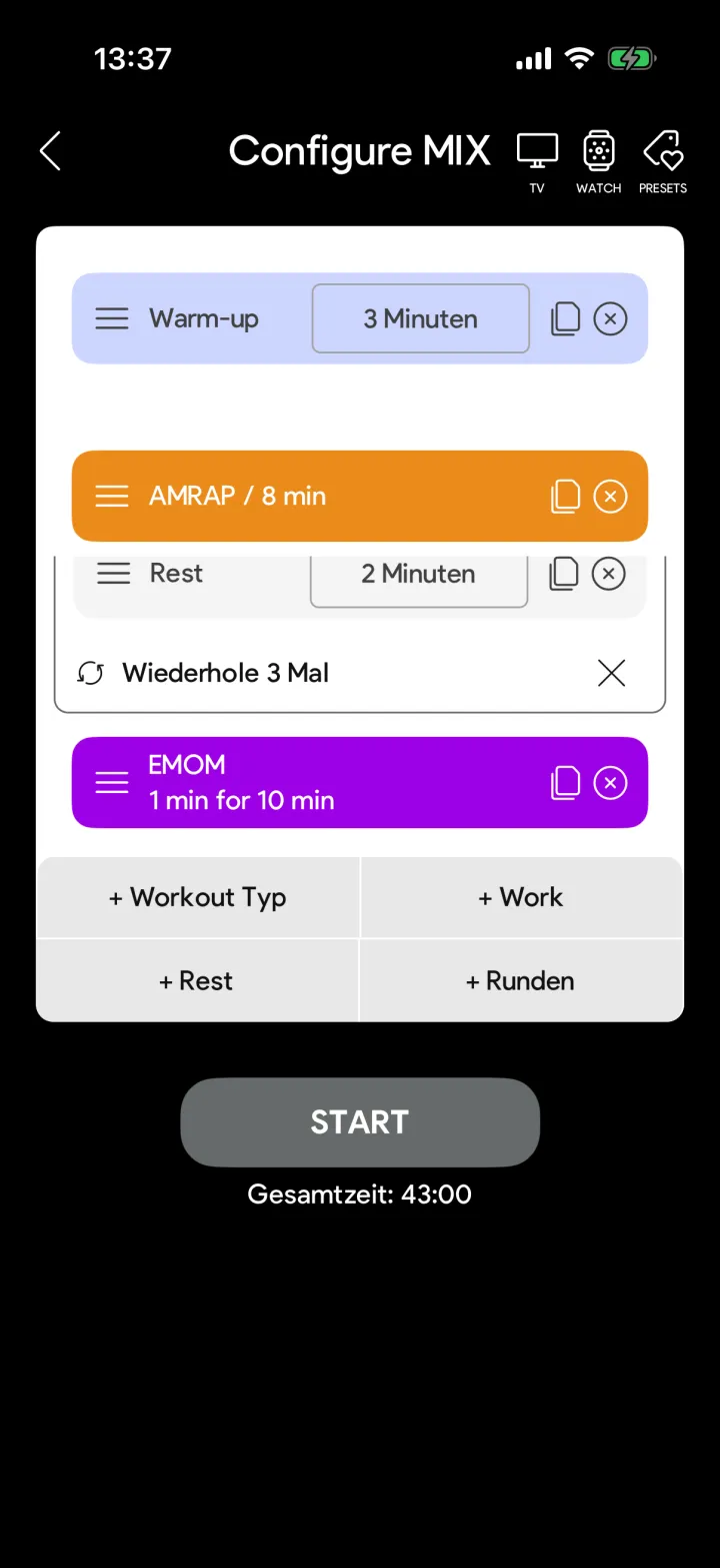 MIX-Ablauf im SmartWOD Timer mit Ziehgriffen und Kopier-Symbolen an jedem Block