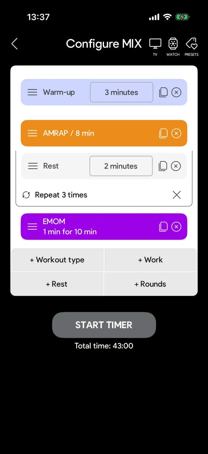 MIX workout flow in the SmartWOD Timer with drag handles and copy icons on every block