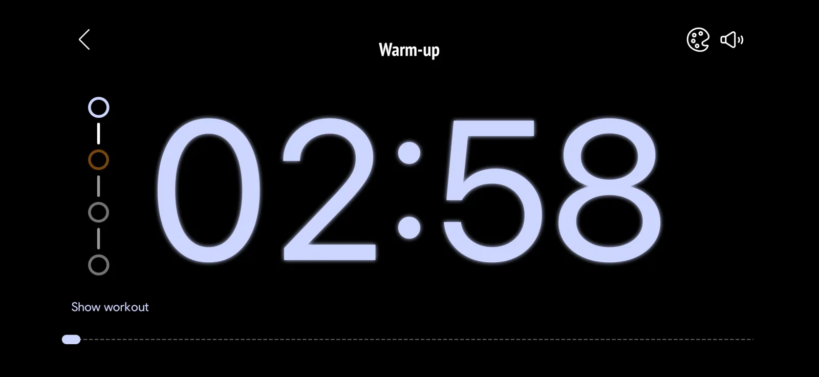 SmartWOD MIX-Timer im Querformat mit großem Countdown, Name des aktuellen Blocks und Fortschritt des Ablaufs
