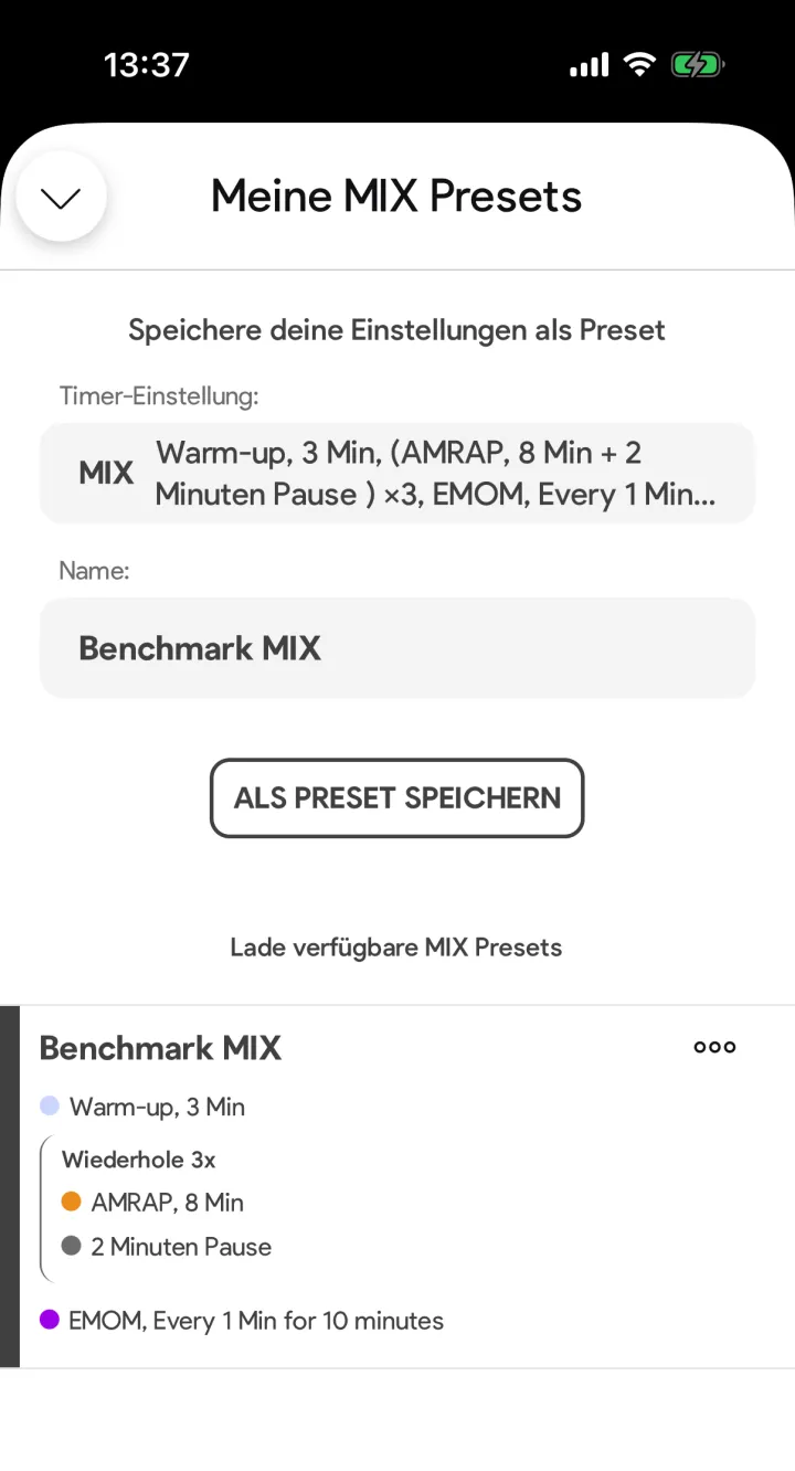 Meine MIX Presets im SmartWOD Timer mit einem gespeicherten Preset namens Benchmark MIX