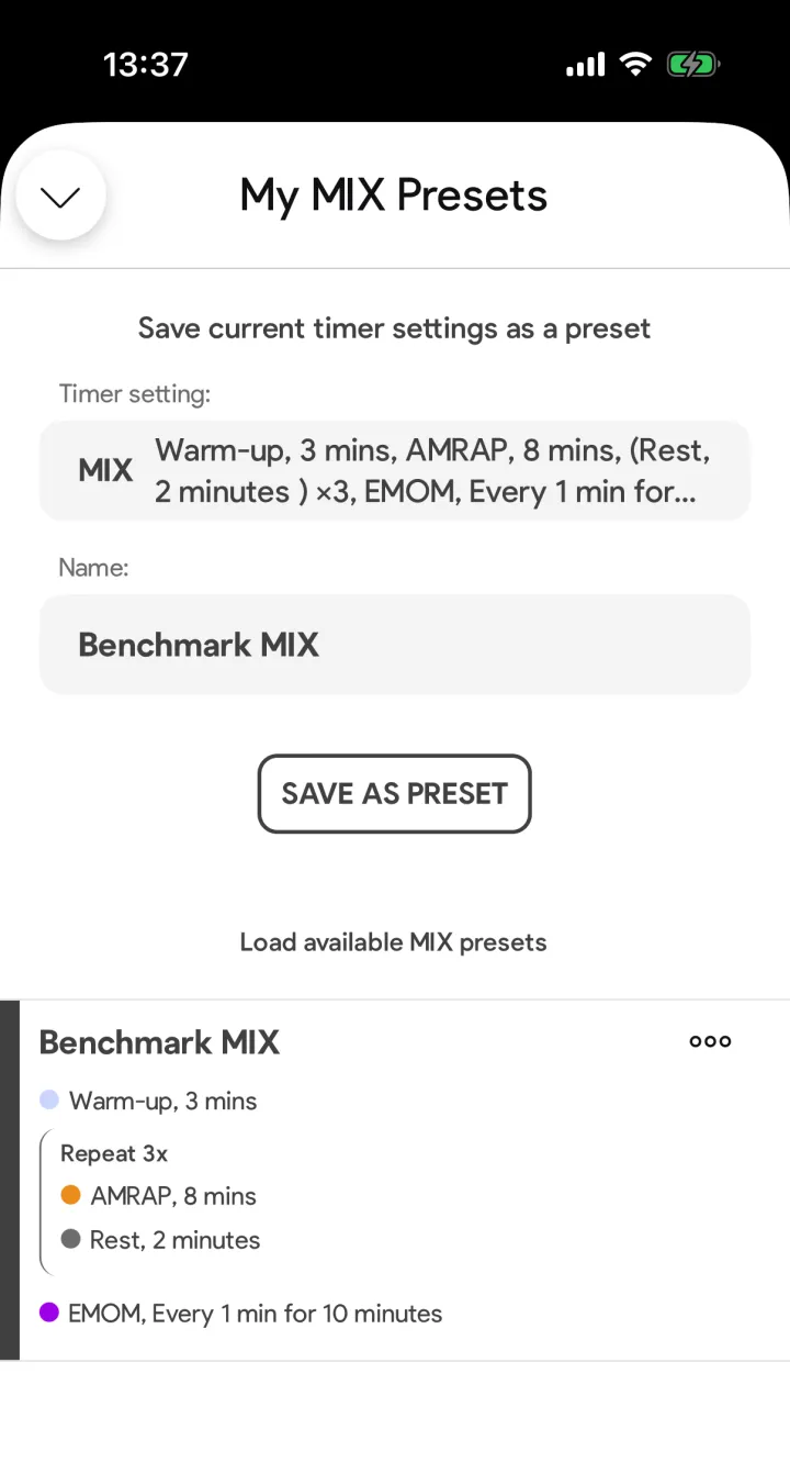 My MIX presets screen in the SmartWOD Timer showing a saved preset called Benchmark MIX