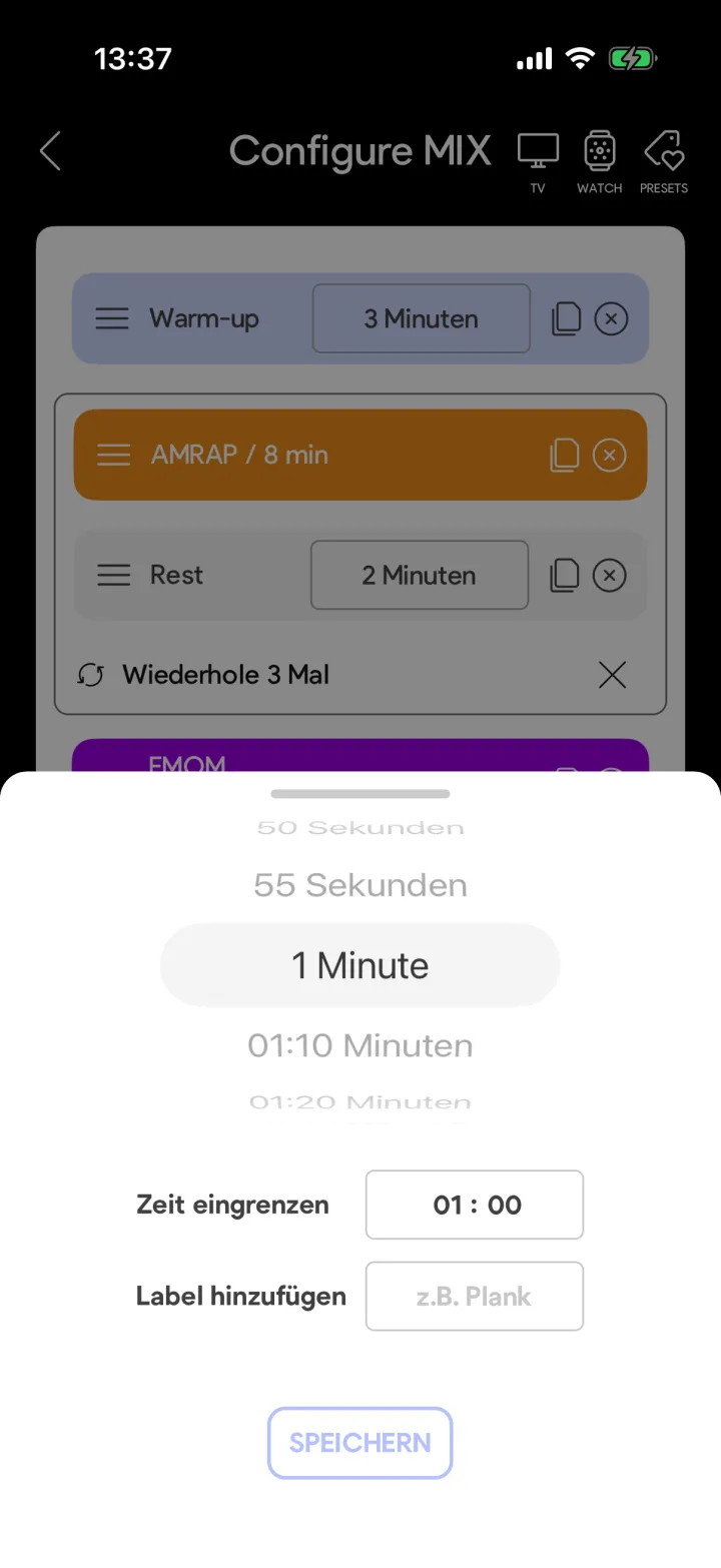Zeitauswahl im SmartWOD MIX-Timer mit Rad, Zeitfeld und Label-Eingabe