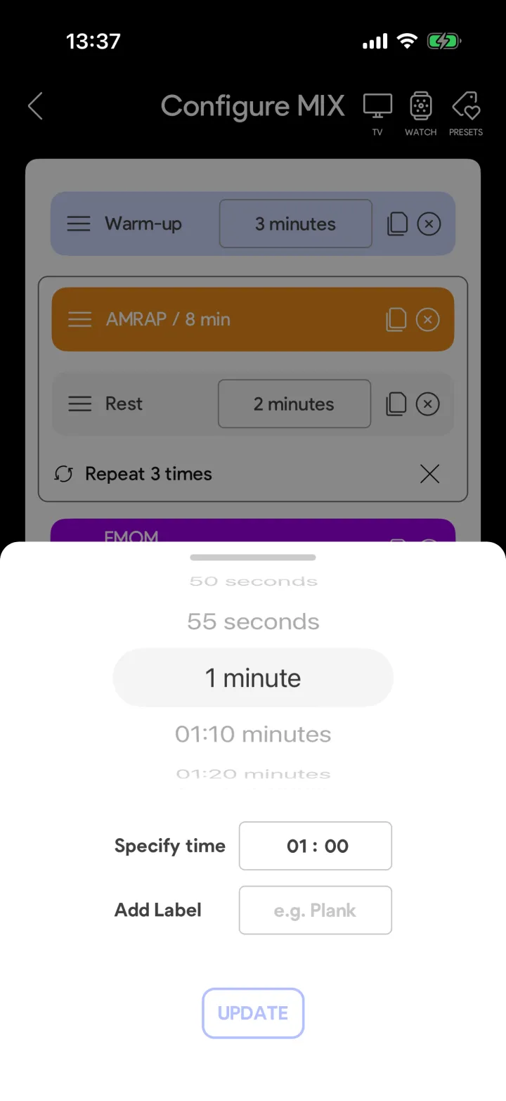 Time picker in the SmartWOD MIX timer with a duration wheel, time field and label input