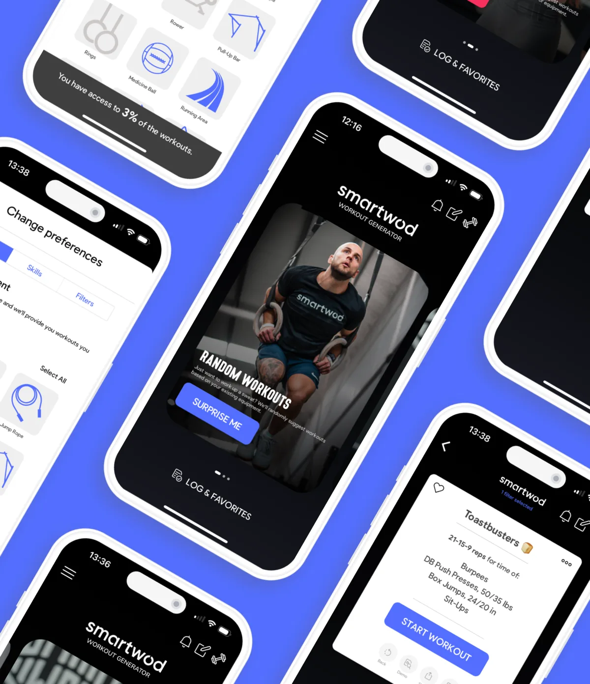 SmartWOD Workout Generator app screenshots: equipment selection, generated WOD and workout log
