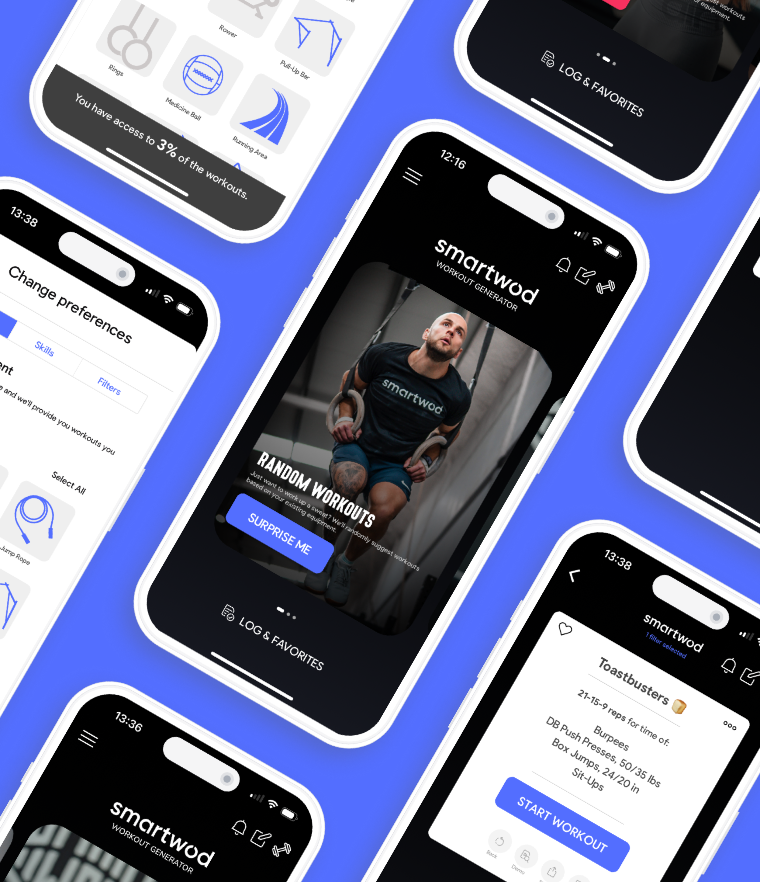 SmartWOD Workout Generator app screenshots: equipment selection, generated WOD and workout log