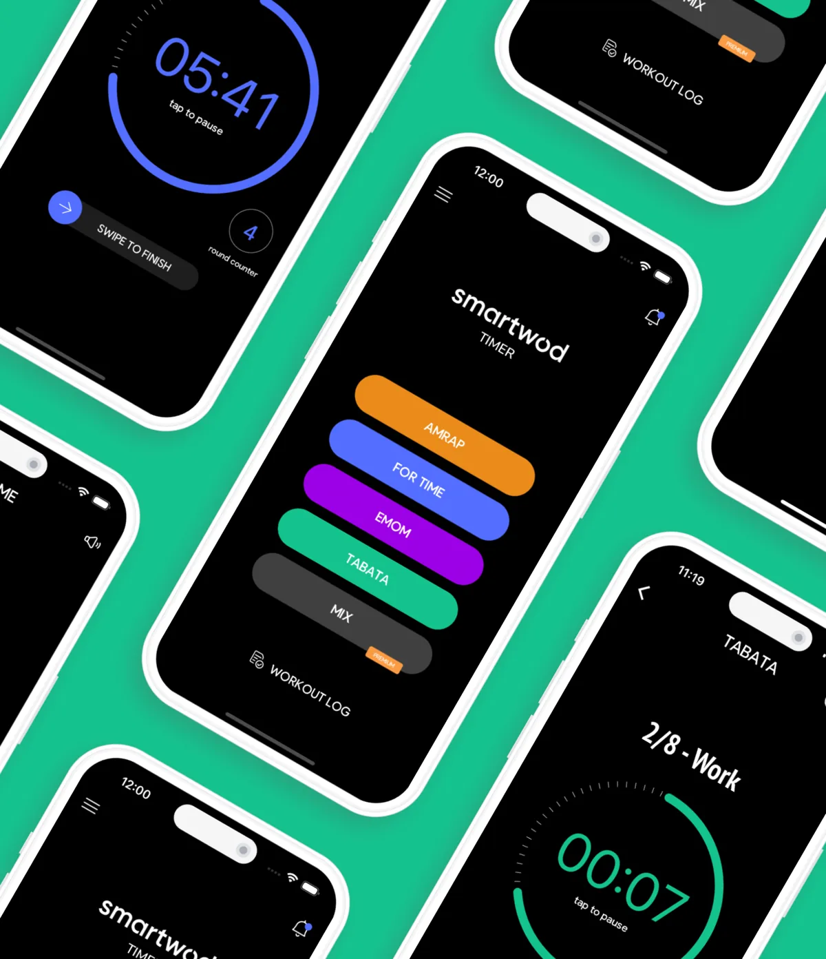 SmartWOD Timer app screenshots: AMRAP, EMOM, TABATA and FOR TIME timer screens